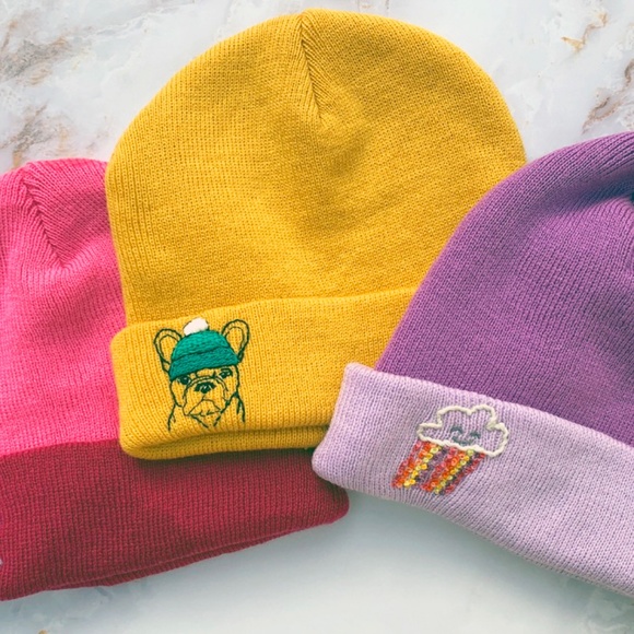 Mustard Yellow Frenchie Hand Embroidered Kids Winter Hat Beanie - Picture 3 of 3